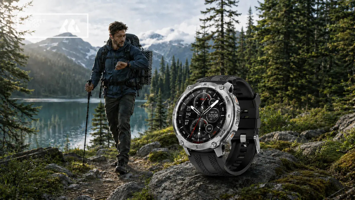 Rugged smartwatch displayed on a rock beside a hiker walking through an alpine forest | KOSPET Smartwatch