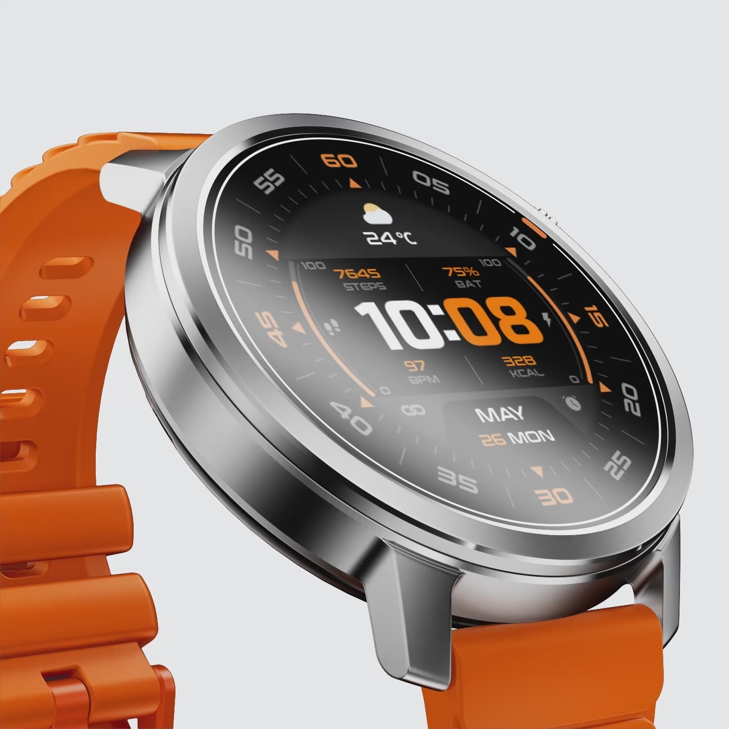 Kospet Magic Orb Smartwatch Silver With Orange Silicone Strap#color_Icy Silver