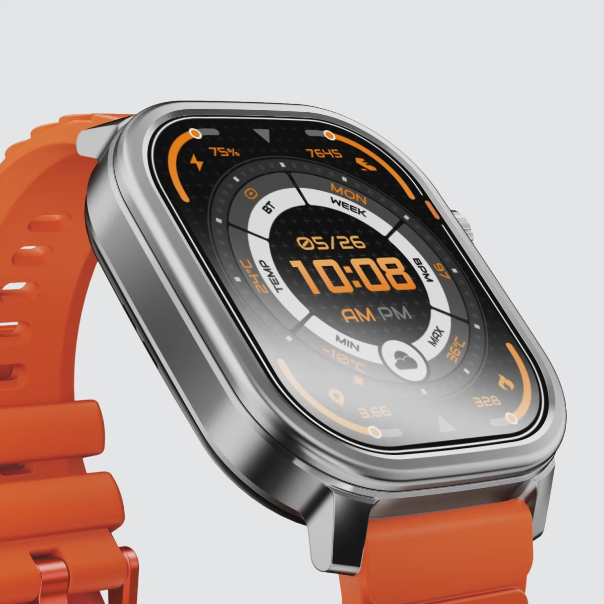 Kospet Magic Pluse Smartwatch Silver With Orange Silicone Strap #color_Icy Silver